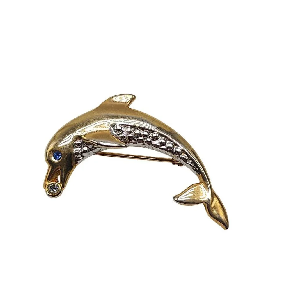 Gold Silver Dolphin Pin With Blue Clear Rhinestones Elegant Ocean-Inspired